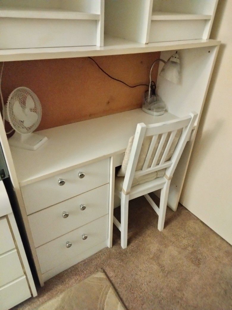 White desk with hutch + white wooden desk chair