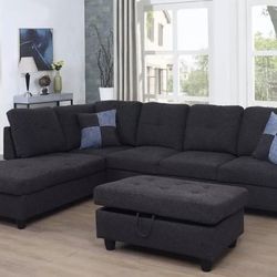 Black gray Sectional Couch With Ottoman  L103”