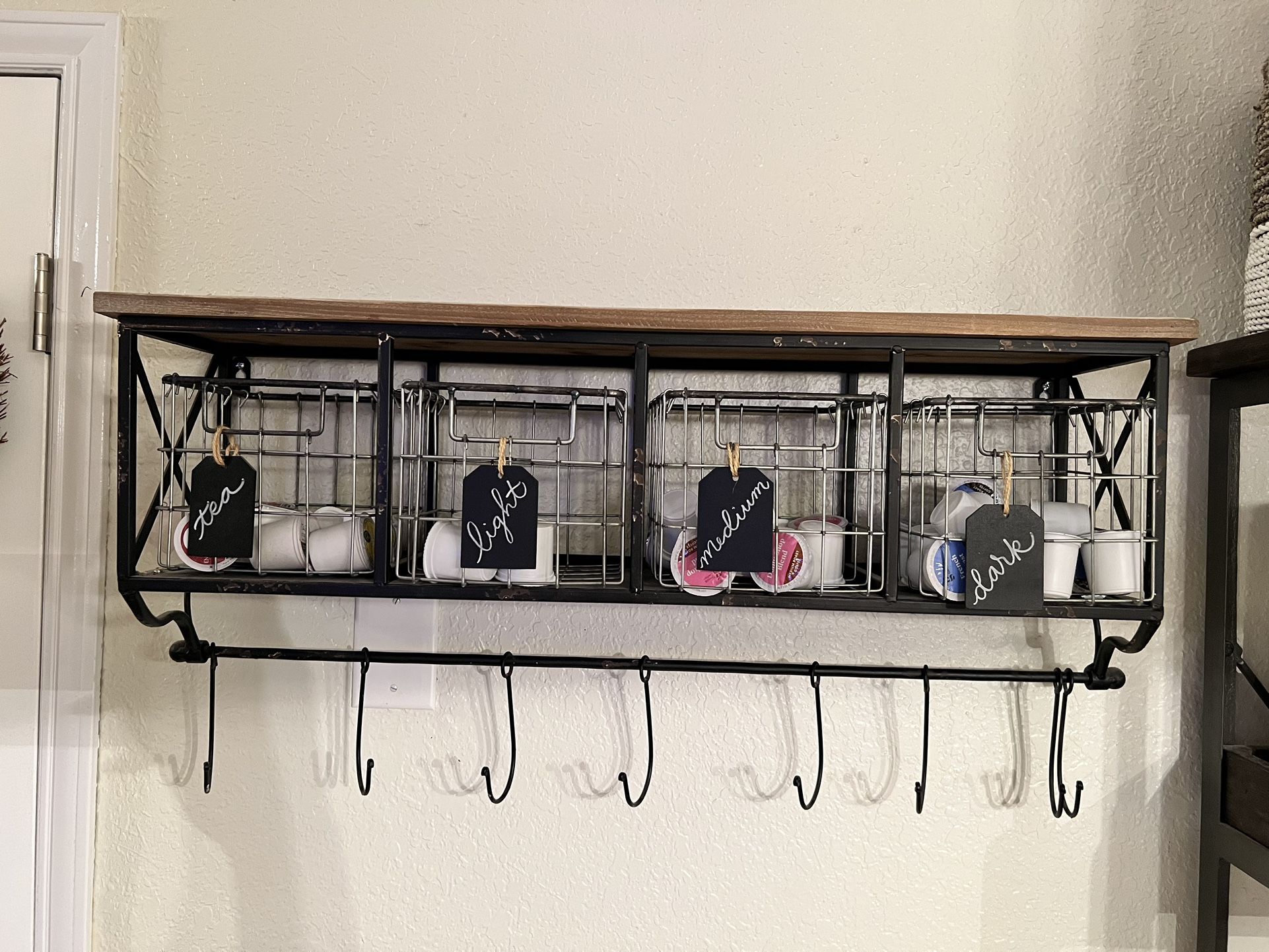 Wall Shelf w/Metal Baskets & Hooks