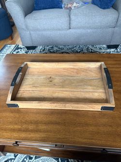 Rustic Wood Serving Tray with Black Metal Handles – 19” x 12”