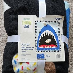 No Sew Anti-Pill Fleece Throw Blanket Kit 48x60" With Shark & Donuts 