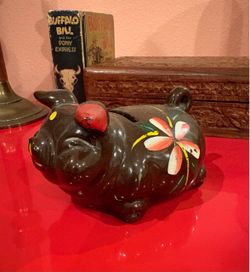 VINTAGE 50's JAPAN HAND PAINTED RED CLAY PIGGY BANK