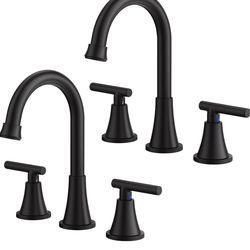 Bathroom Faucets for Sink 3 Hole, Hurran Matte Black Bathroom Sink Faucet with Pop-up Drain and Supply Lines, Stainless Steel Lead-Free Widespread Fau