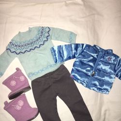 American Girl Doll Brand Frosty Fair Isle Blue Sweater, Leggings, and Boots with AG Blue Puffy Jacket