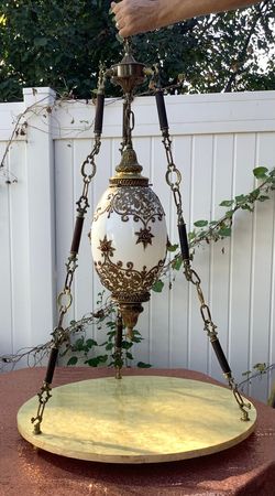 Vintage Falkenstein Style Ornate Glass Hanging Swag Lamp & Mother of Pearl Table