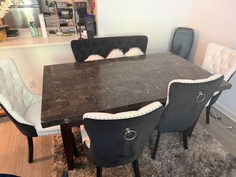 Marble Dining room Table/Chairs & Navy Blue Velvet Tufted Sectional Sofa (Sold Separately)