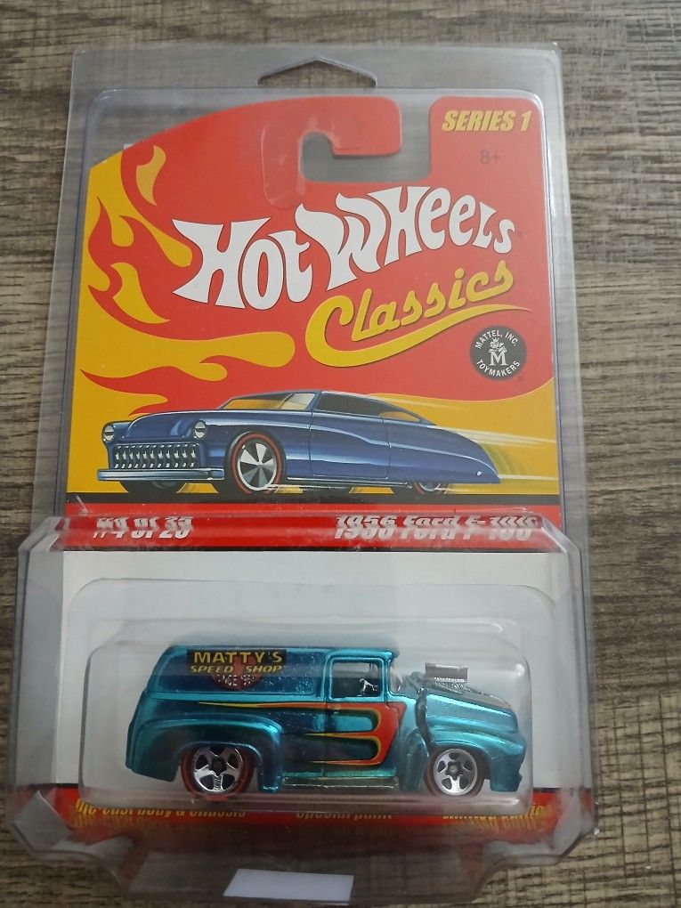 Hot Wheels Classics Series 1, 1956 Ford F-100 diecast model, #4 of 25, with a blue-green paint job and a "Matty's Speed Shop" design