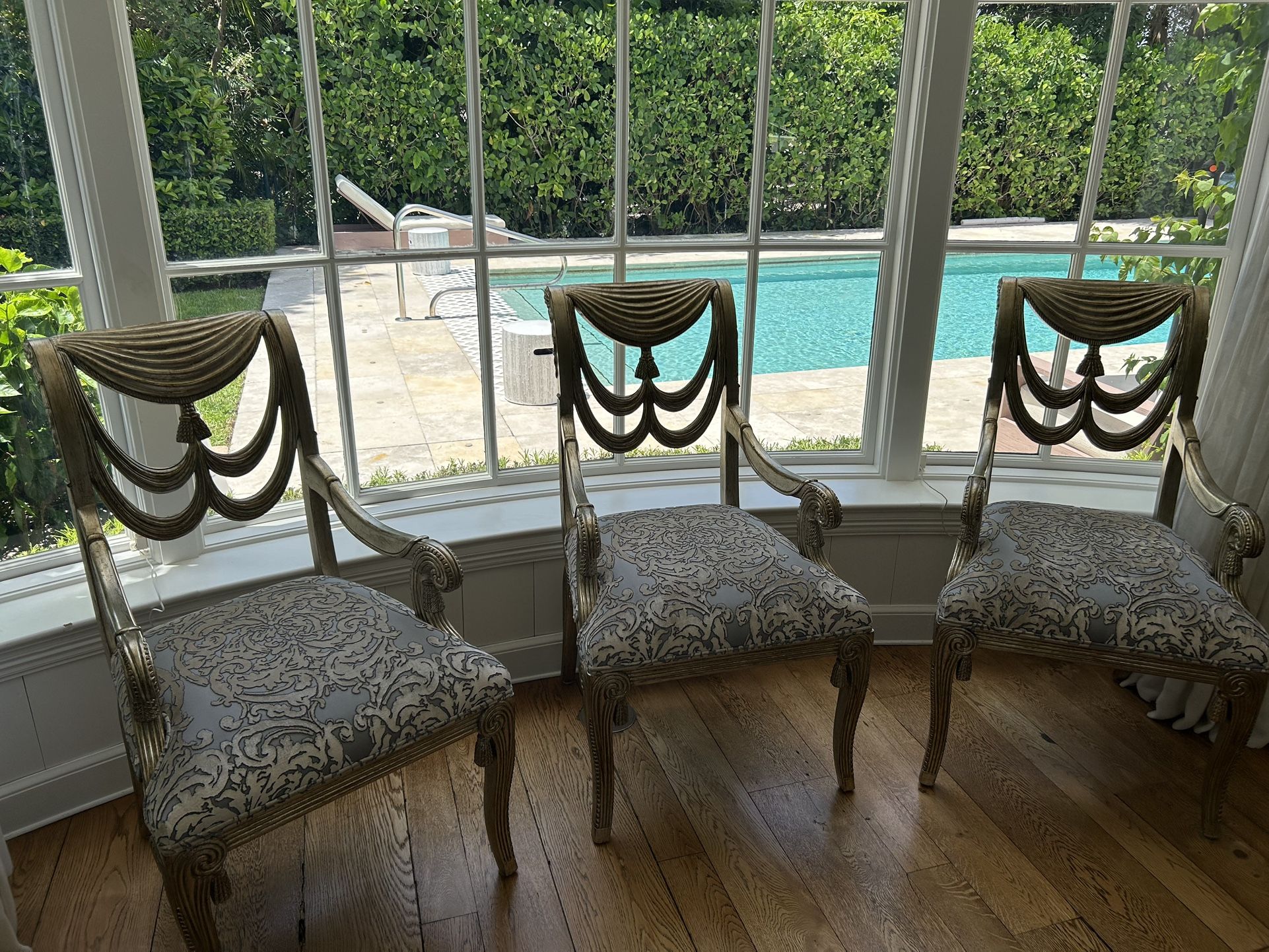 3 Vintage Designer Silvered Wood Chairs Swags Drapes Tassel