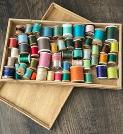 Vintage Thread Spool Lot with Wooden Box