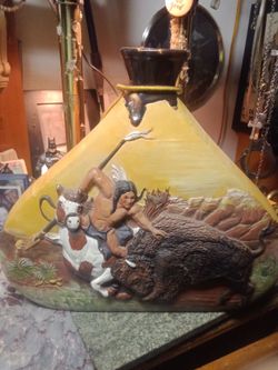 Vintage painted ceramic mold native American buffalo hunter vase.