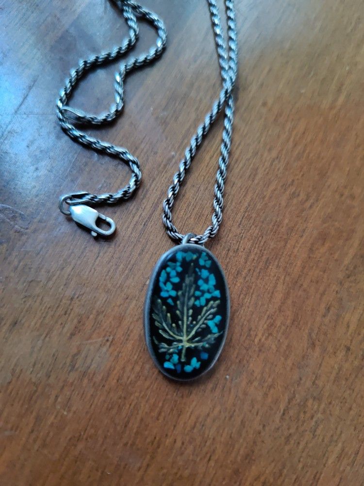 925 Sterling Chain & Silver/Turquoise Flake Hemp/Cannabis Pendant