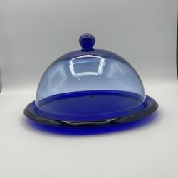 Cobalt Blue Glass Cloche Dome Covered Cheese Appetizer Dessert Plate Tray Footed