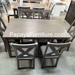 New 7Pcs Dining Set, Table And Chairs, Casual Dining Table, Chairs, Rectangular Table, Wooden Table, Grey Dining Set, Dinette Set, Table And 6 Chairs