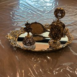 Vintage Intricate Laid Ormolu Set, Including Vanity Mirror Brush Stand With Perfume Bottle An Inside Perfume Bottle