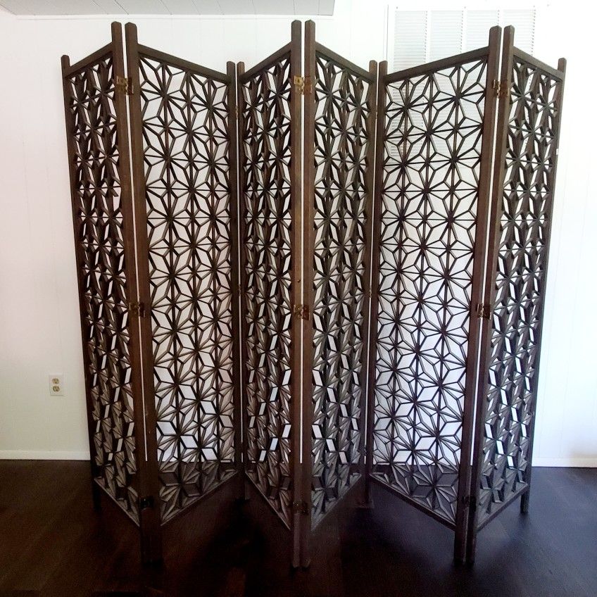 Vintage Mid Century Teak Geometric Six Panel Room Divider