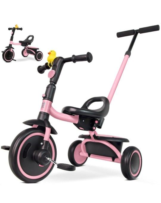 Toddler Tricycle for 18 Months to 5 Years with Removable Push Handle, Tricycles for 3-5 Year Olds Ideal for On-The-Go Families, Adjustable Carry-Frien