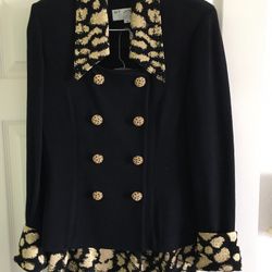 St John Black Leopard Print Double Breasted With Rhinestone Button And Leopard Skirt 