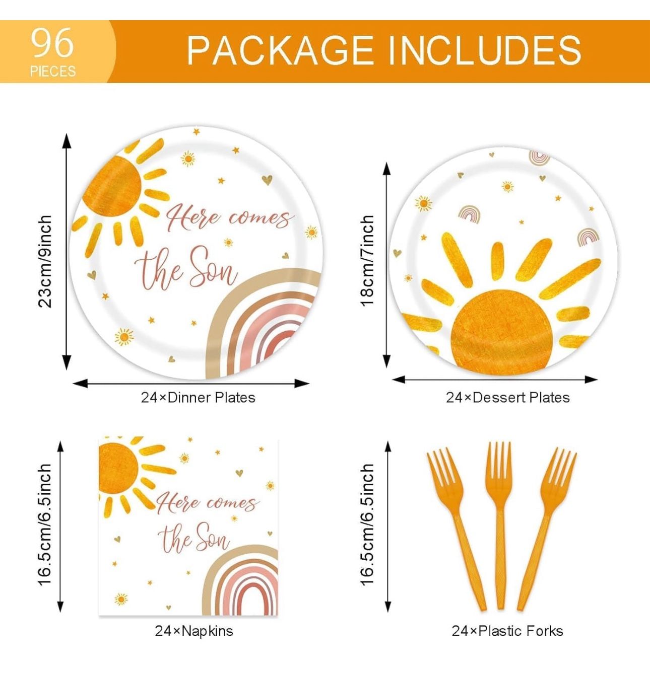 96PCS Here Comes The Son Party Decoration Sun Baby Shower Party Tableware Set It's A Boy Newborn Paper Plates Disposable Sunshine Boho Rainbow Plates