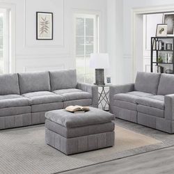 Brand New Grey Super Plush Modular Sofa Set w Ottoman 