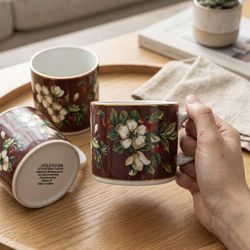 Vintage Sakura Splendor Fine Stoneware Coffee Mugs Set - Magnolia Holly Pattern - 8 Mugs (Vintage Sa