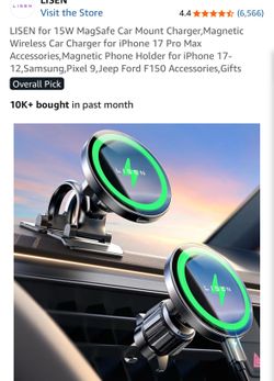 LISEN For 15W MagSafe Car Mount Charger,Magnetic Wireless Car Charger For IPhone 17 Pro Max Accessories,Magnetic Phone Holder For IPhone 17-12,Samsung