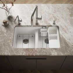 KOHLER Riverby Workstation Undermount Cast Iron 33 in. 5-Hole Double Bowl Kitchen Sink Kit in White with Accessories