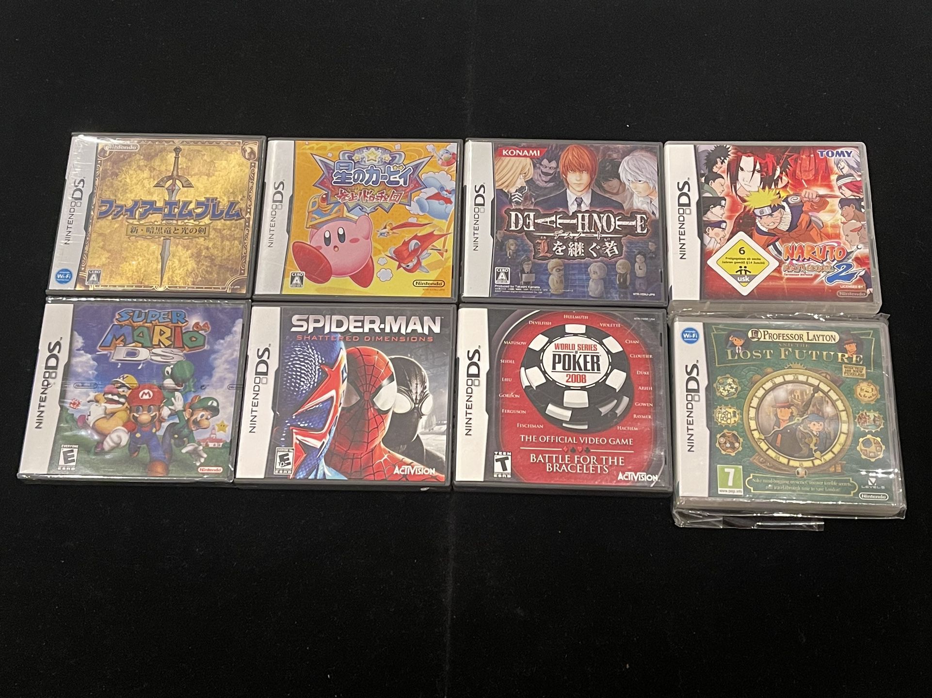 Nintendo DS Game Cartridge Lot of 8(Prof Layton Super Mario Death Note Naruto 2)