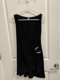 Womens Size 12 Onyx Nite Black Sleeveless Dress Asymmetric Bottom Rhinestone Pin and matching pants