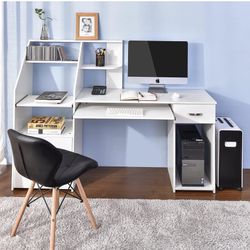 Computer Desk with Keyboard Tray and Drawers, Pedestal for CPU, Table Study Writing Desk with Storage Compartment, Home Office Workstation (White)