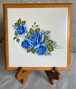Vintage Wood Framed Ceramic Tile Blue Rose Motif Trivet