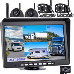 10.1" Wireless Backup Camera System, 1080P DVR Recording Monitor, IP68 Waterproof Night Vision Rear Side Cameras for Truck/Trailer/Camper, 32GB SD Car