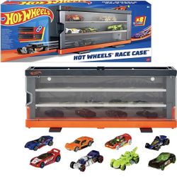 (NEW) Hot Wheels Race Case with 8 Toy Cars, Interactive Display & Storage for 12 1:64 Scale Vehicles, Connects to Track