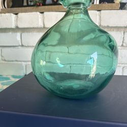 Medium Handmade Blown Glass Oval Shaped Aqua Green Transparent Jar  7”