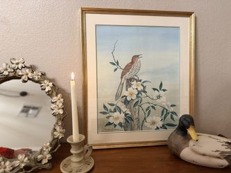 Anne Worsham Richardson Signed Limited Edition Bird Print – No. 72/3000 – Framed Carolina Wren Floral Art – 19x23