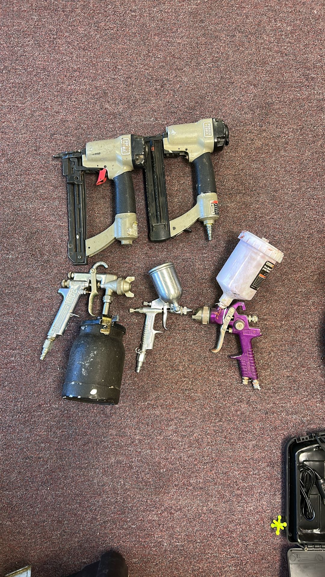 Two Porter Pneumatic Nail Guns Along With Three Paint Sprayers Bundle 