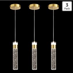 (212121-33) Pendant Lights Kitchen Island 3 Pack, Gold Pendant Light Fixtures Ceiling Lighting Fixtures with Crystal Bubble, Integrated 4000K LED Hang