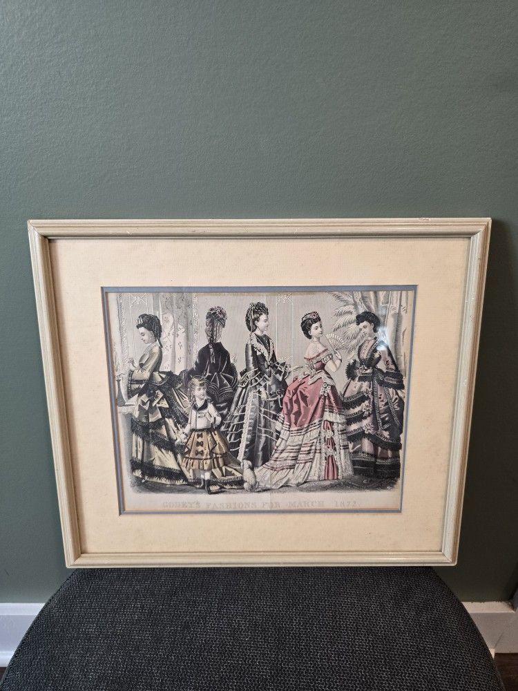 Framed Godey's Ladies Fashion Plate Print 1872 Dresses VTG Hand Colored Antique