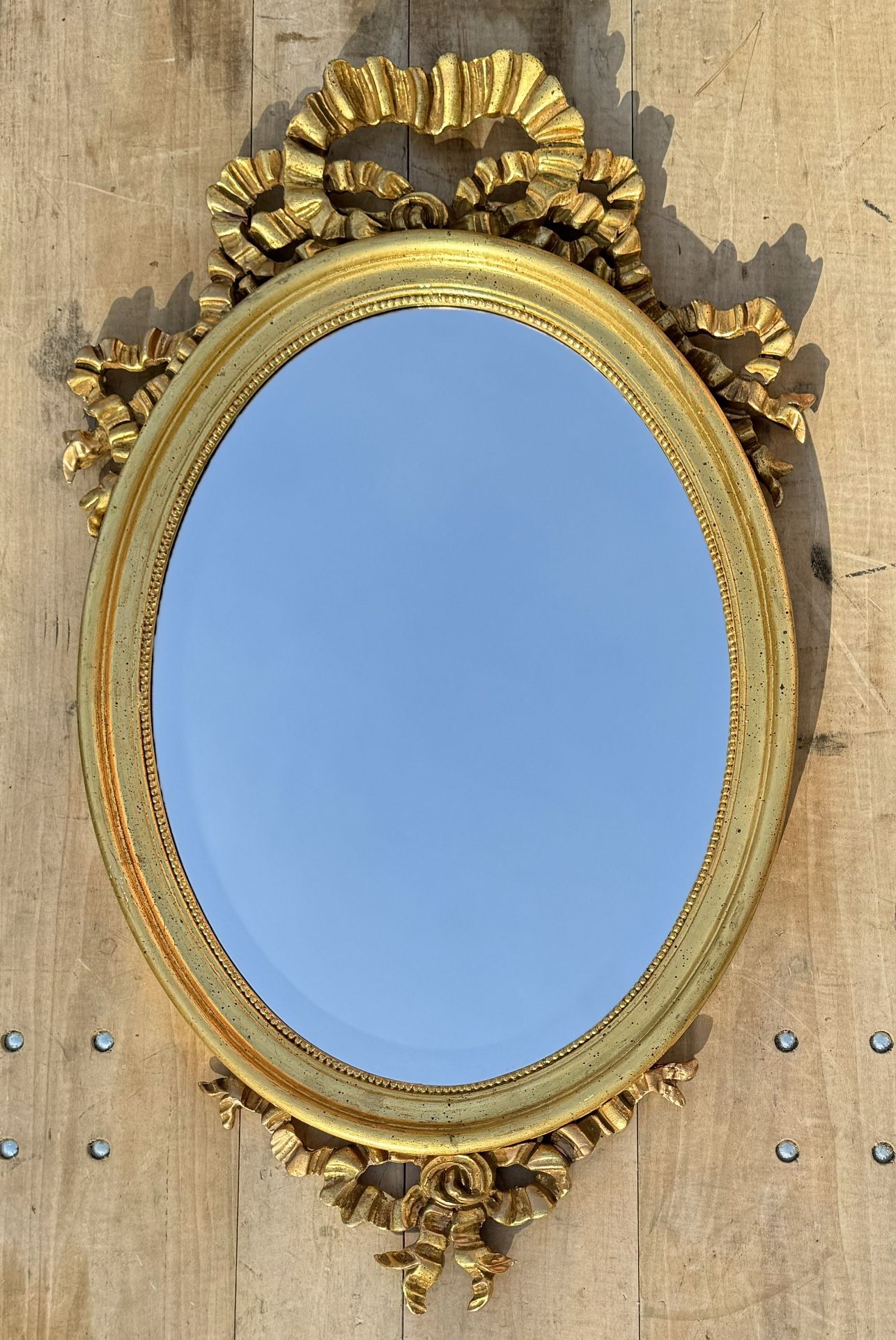 La Barge French Louis XVI Gilt Wood Oval Mirror Ribbon Design