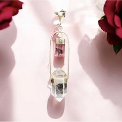 Elegant Pink Tourmaline & Clear Quartz Crystal Pendant - Sterling Silver 