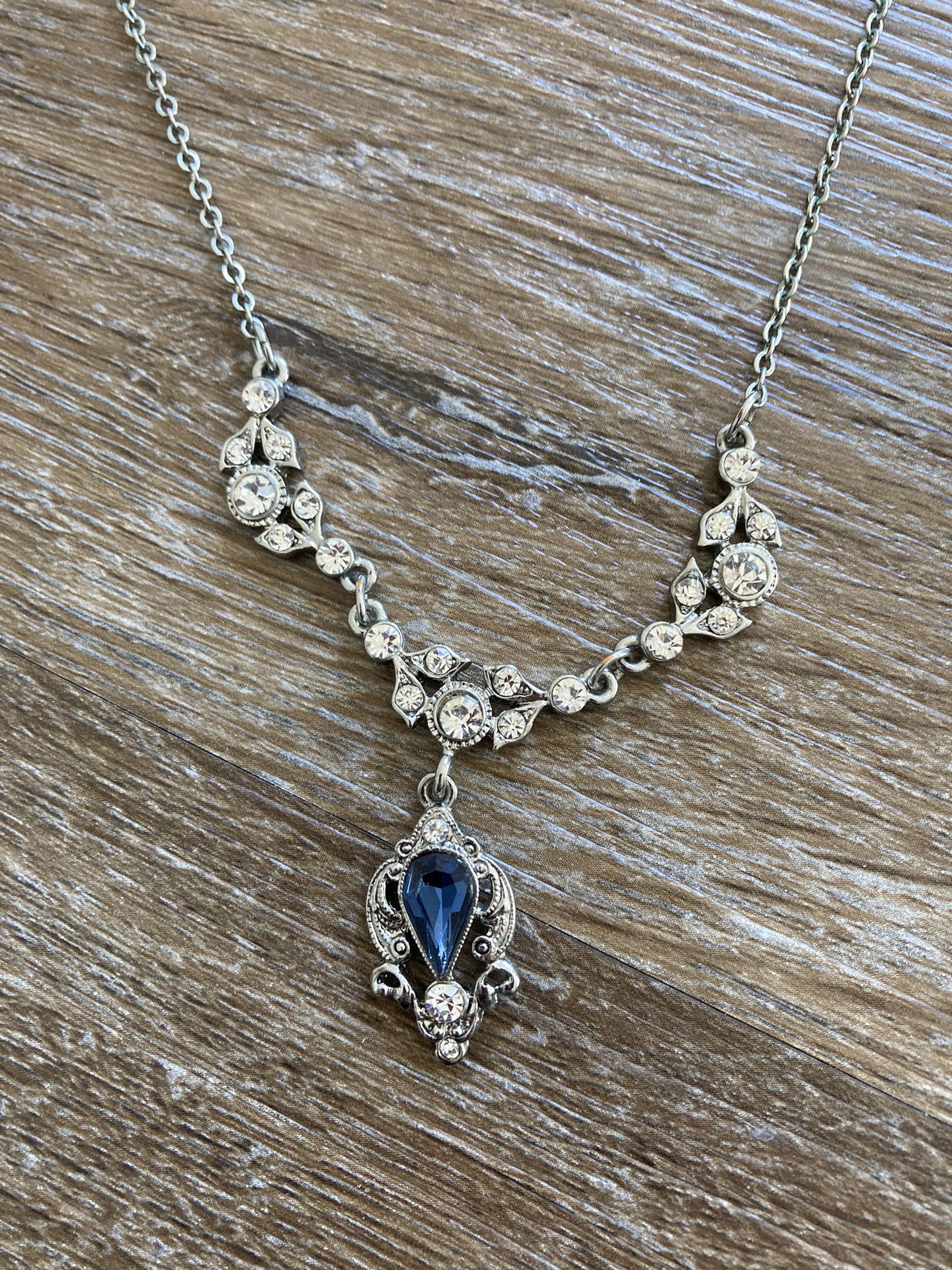 Silver Faux Diamond And Sapphire Necklace And Earring Set