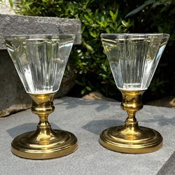 Vintage brass candle holders with glass shades