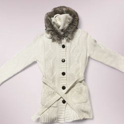 Sweater Cardigan With Faux Fur Hood