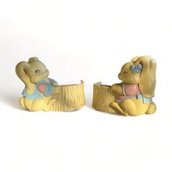 Vintage Burwood Girl Boy Bunny Rabbit Wall Pocket Holder Hanging Decor Set of 2