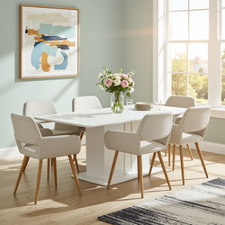 Homy Casa Quinby 7PC Dining Set 81” Extendable High Gloss Dining Table with 6 Mayfair Beige Upholstered Chairs Modern Pedestal Base