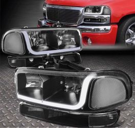 GMC SIERRA YUKON 4PCs LED DRL Strip Headlight + Bumper Lamp Compatible with 99-07 Sierra/Yukon Does NOT Fit Denali Trims Black Housing
