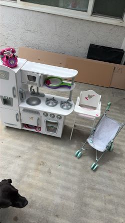 Kids play kitchen, dolly high chair, dolly stroller