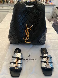 Big YSL handbag black with gold emblem and matching sandals size 8.5-@