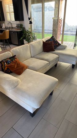Cream Velvet Sectional Sofa with Chaise- well loved.