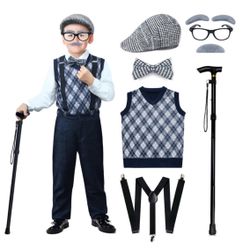 Nabobs 100 Days Of School Costume For Boys – Old Man Costume With Grandpa Hat, Beard, And Vest For Kids 100th Day Of School Cosplay (Retro Black, Medi
