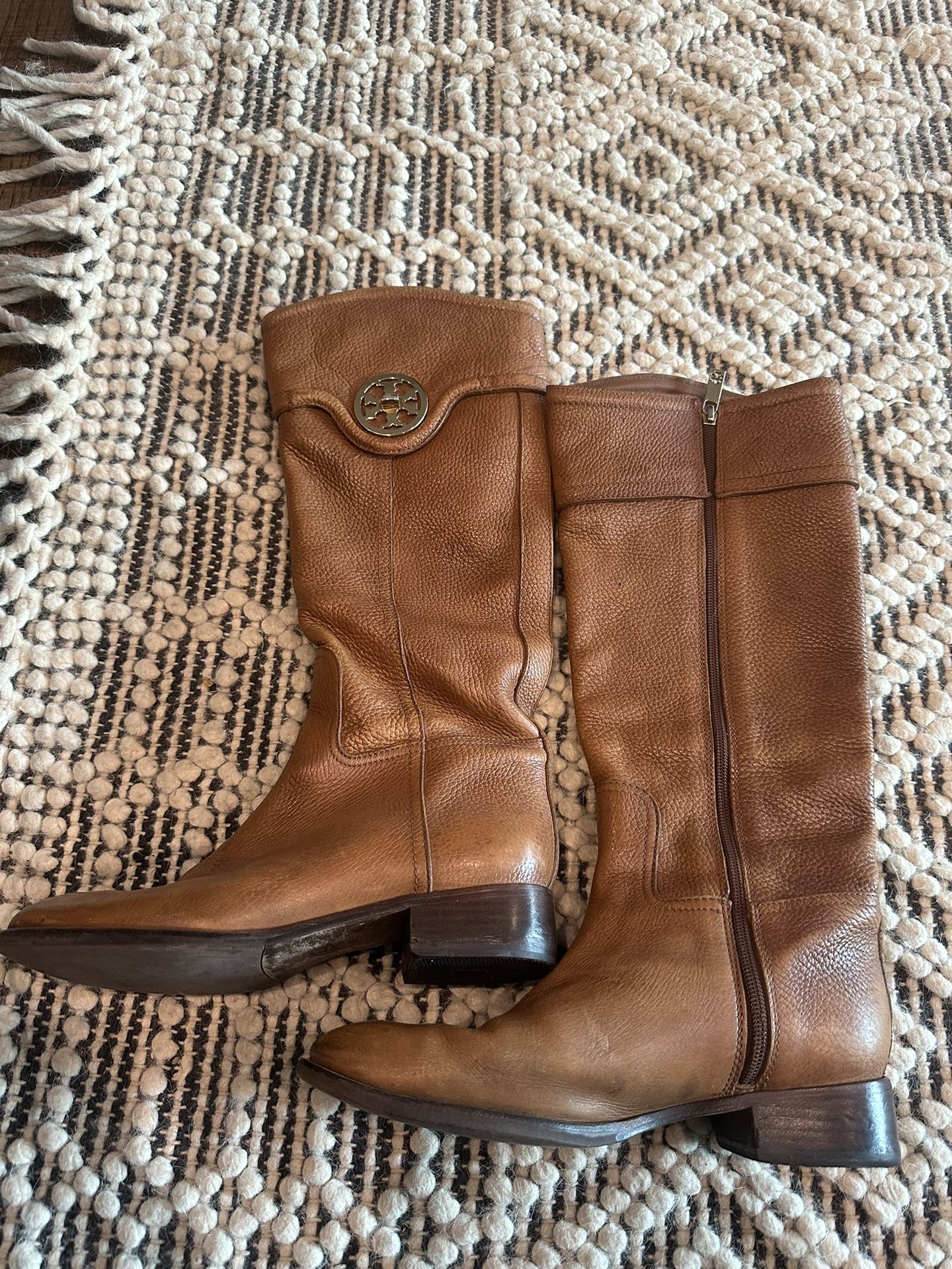 Tory Burch Women's Selma Tall Leather Riding Boots Cognac Brown Size 9